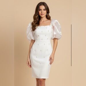 White Dress with Puff Sleeves and Pearl Accents